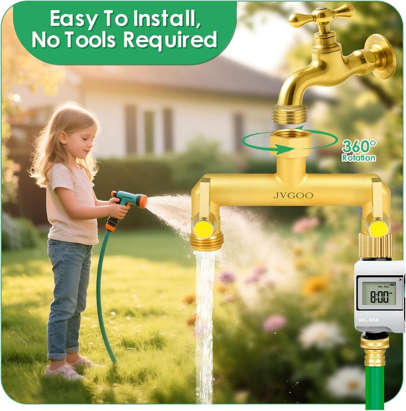 Jvgoo Garden Hose Splitter, Brass 2 Way Hose Splitter, 3/4" Water Hose Splitter 2 Way Heavy Duty with Metal Shutoff Valve and Extension Handle, Outdoor Faucet Splitter Water Spigot Splitter Manifold - Image 5